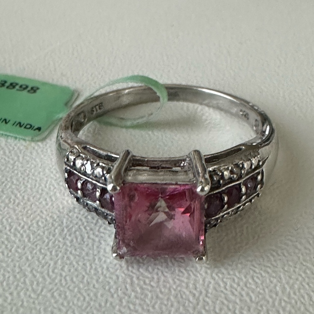 STS Signed Sterling Silver 925 princess cut Pink gemestone